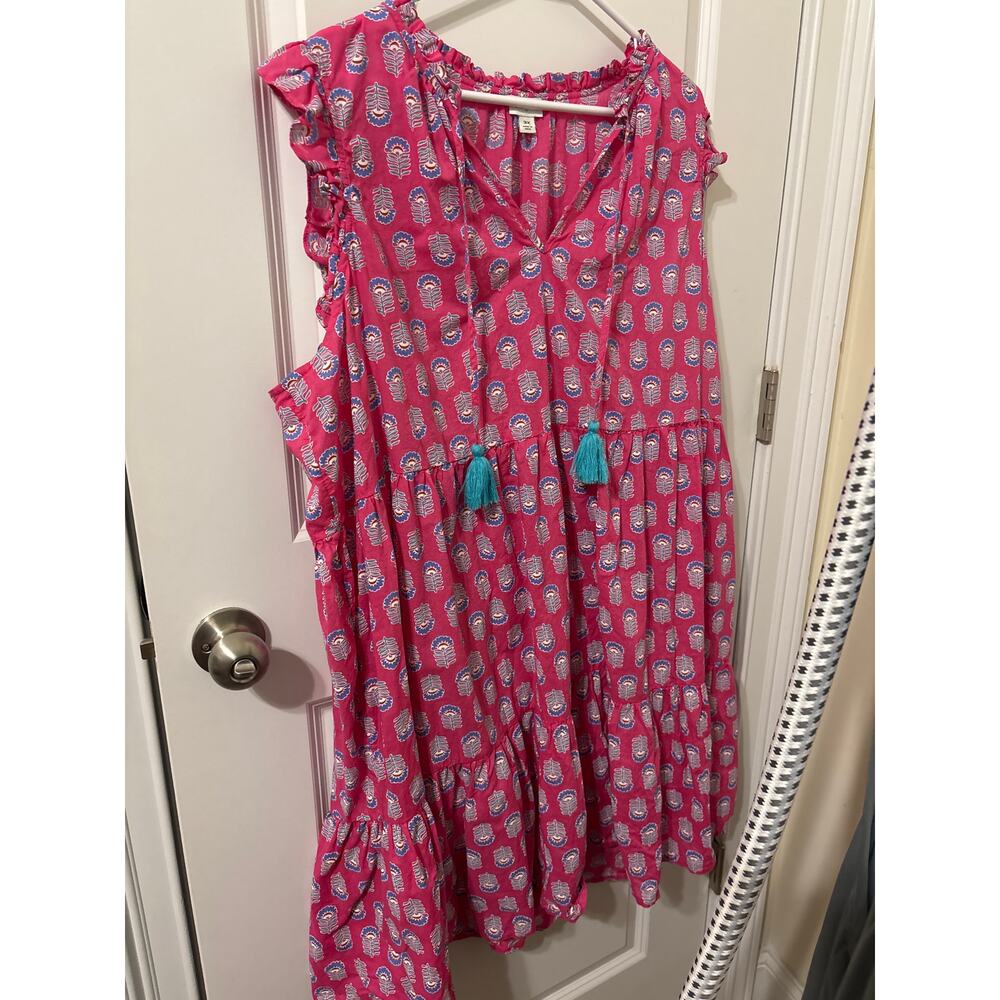 J Crew block print pink dress Sz 3X pink floral sleeveless midi EUC